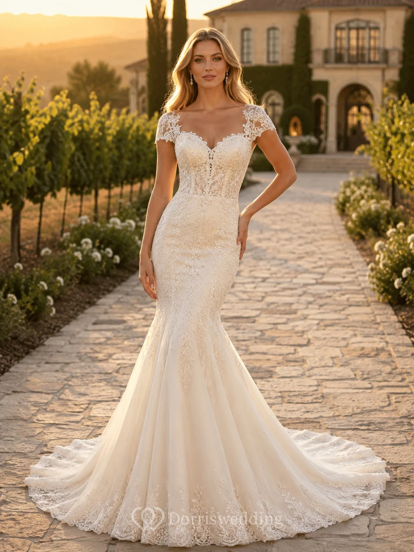 Sexy Off Shoulder Lace Wedding Mermaid Sweetheart Cap Sleeves Chapel Train