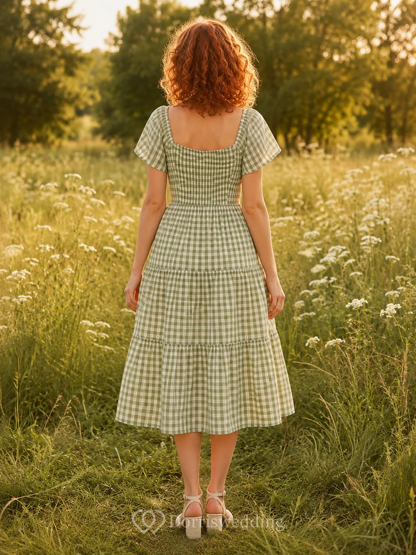 Sage Gingham Square Neck Puff Sleeve Tiered Picnic Dress view 2