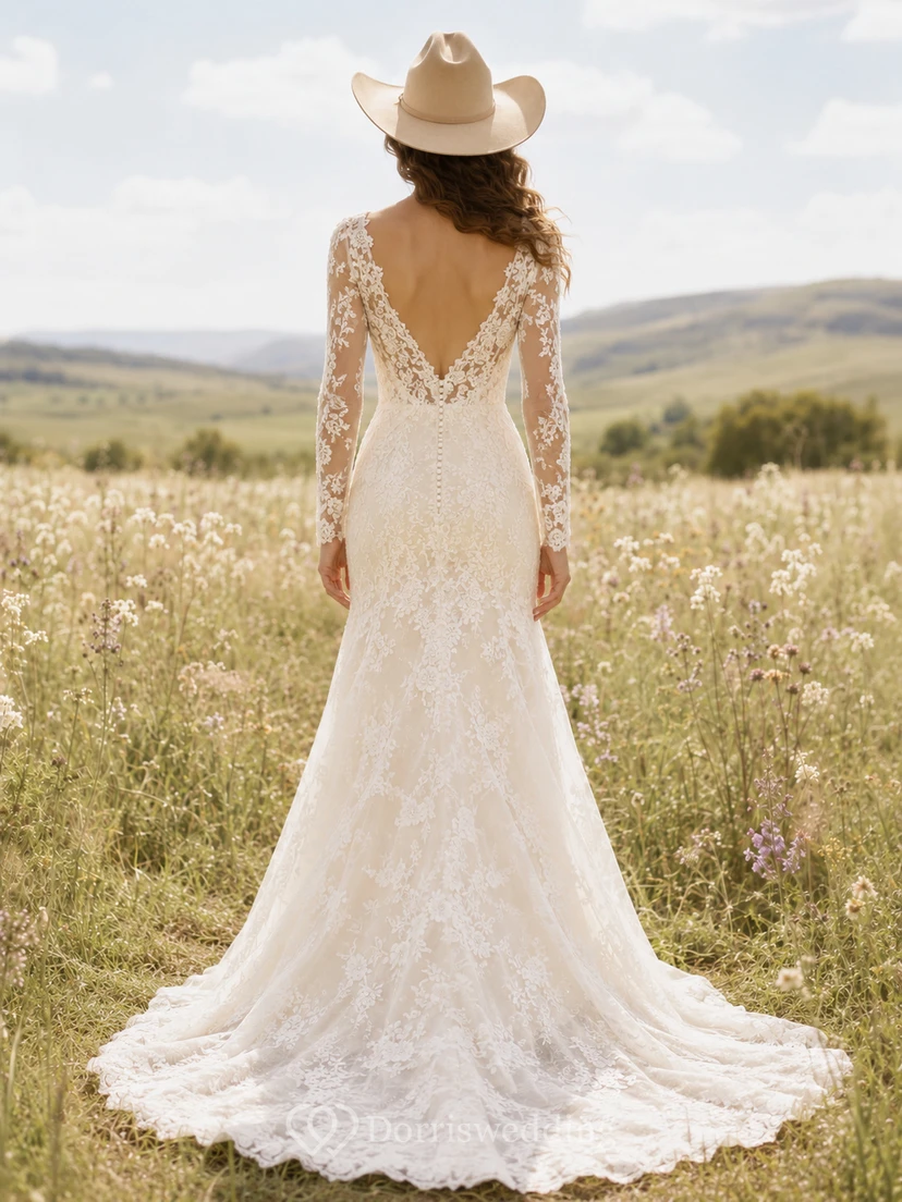 Country Romantic Elegant Sexy Mermaid Lace Wedding Dress with V-Neck Illusion Bodice Long Sleeve Floor-Length Train Split Skirt Low Back Deep V Detail Illusion Back view 2