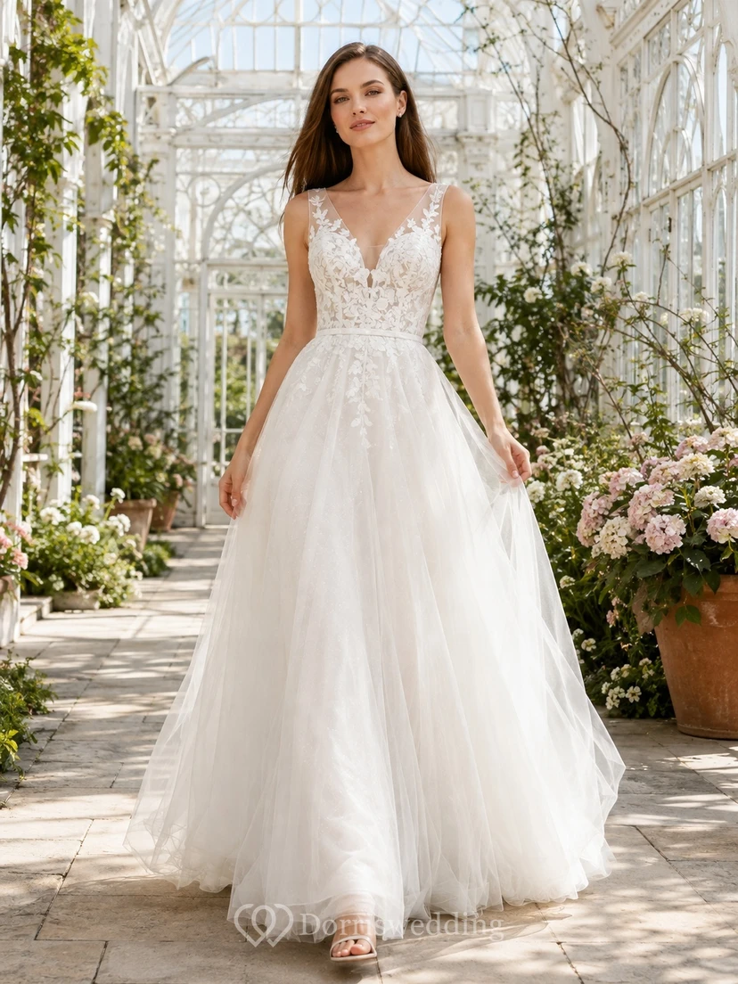 Romantic Sleeveless Deep V-Neck Applique Tulle A-Line Sweep Train Wedding Gown