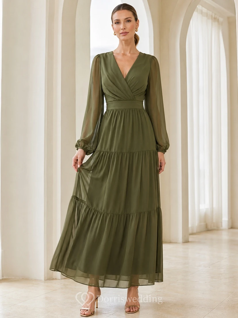 Olive Green Chiffon V-Neck Long-Sleeve Tiered Floor-Length Dress