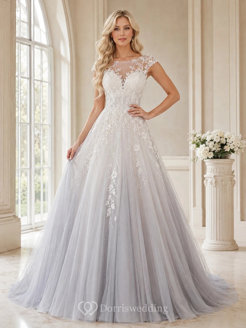Elegantes graues Brautkleid aus Spitze in A-Linie mit U-Boot-Ärmeln, bodenlanger Schleppe und elegantem Schnitt