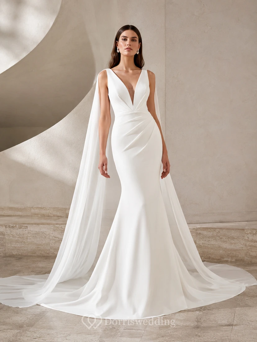 Robe de mariée sirène sans manches en satin lisse, décolleté en V, bretelles fines, traîne courte et détails cape.