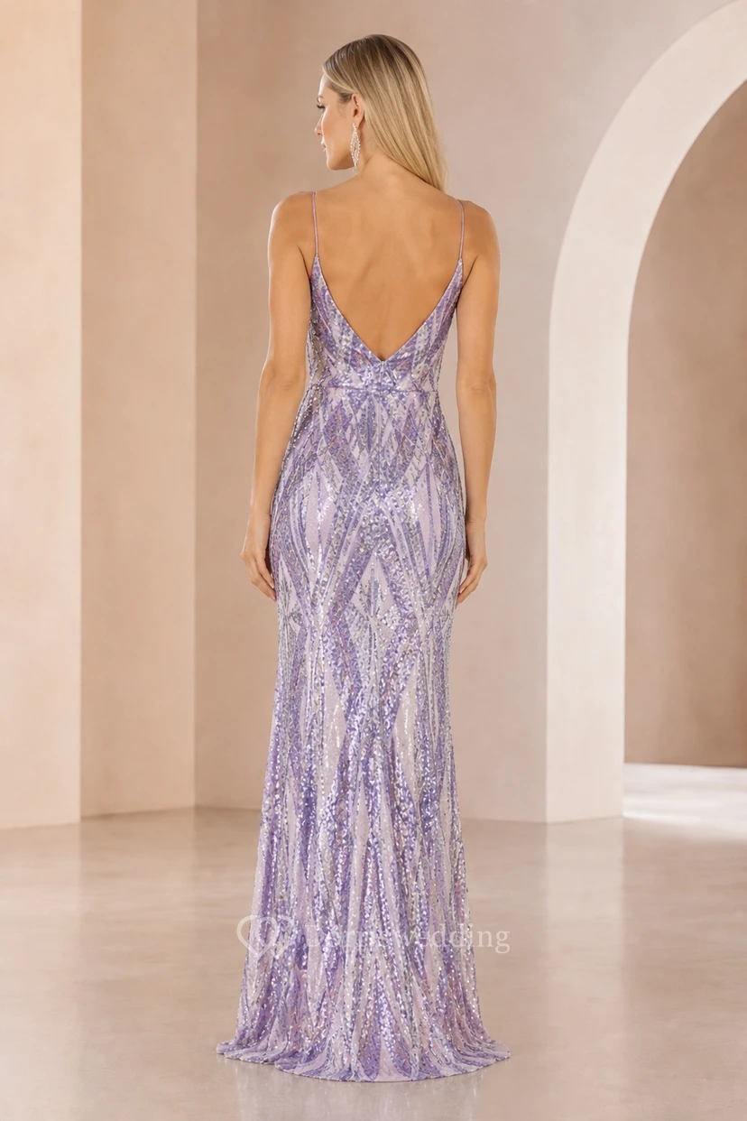 Lavendelfarbenes Etuikleid mit Spaghettiträgern, geometrischem Paillettenmuster und Ballkleid view 2