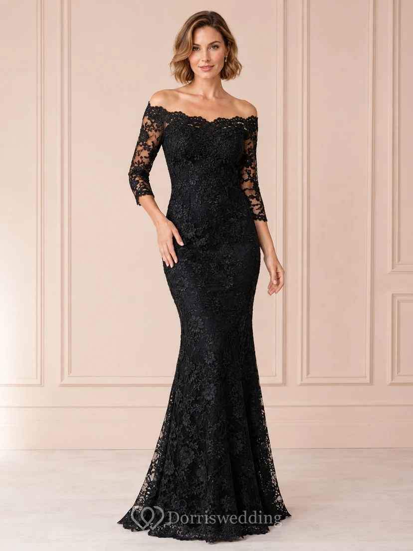 Black Lace Off-Shoulder Long-Sleeve Mermaid Floor-Length Evening Dress