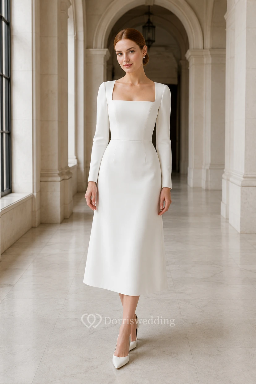 Robe de mariée en satin à manches longues et longueur thé