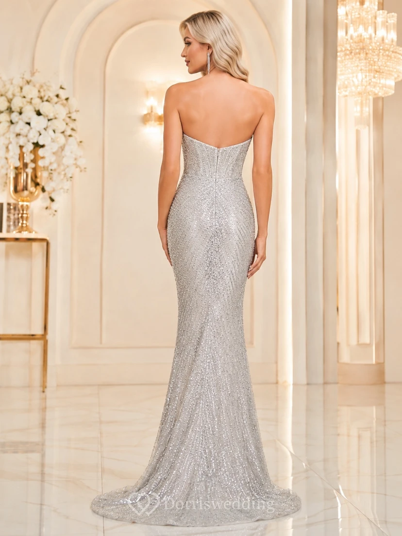 Silver Sweetheart Sleeveless Sequins Mermaid Floor-length Sweep Sparkle Gala Dress view 2