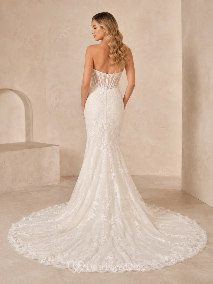 Vestido de novia de sirena sin tirantes con ballenas expuestas y cola catedral de encaje view 2