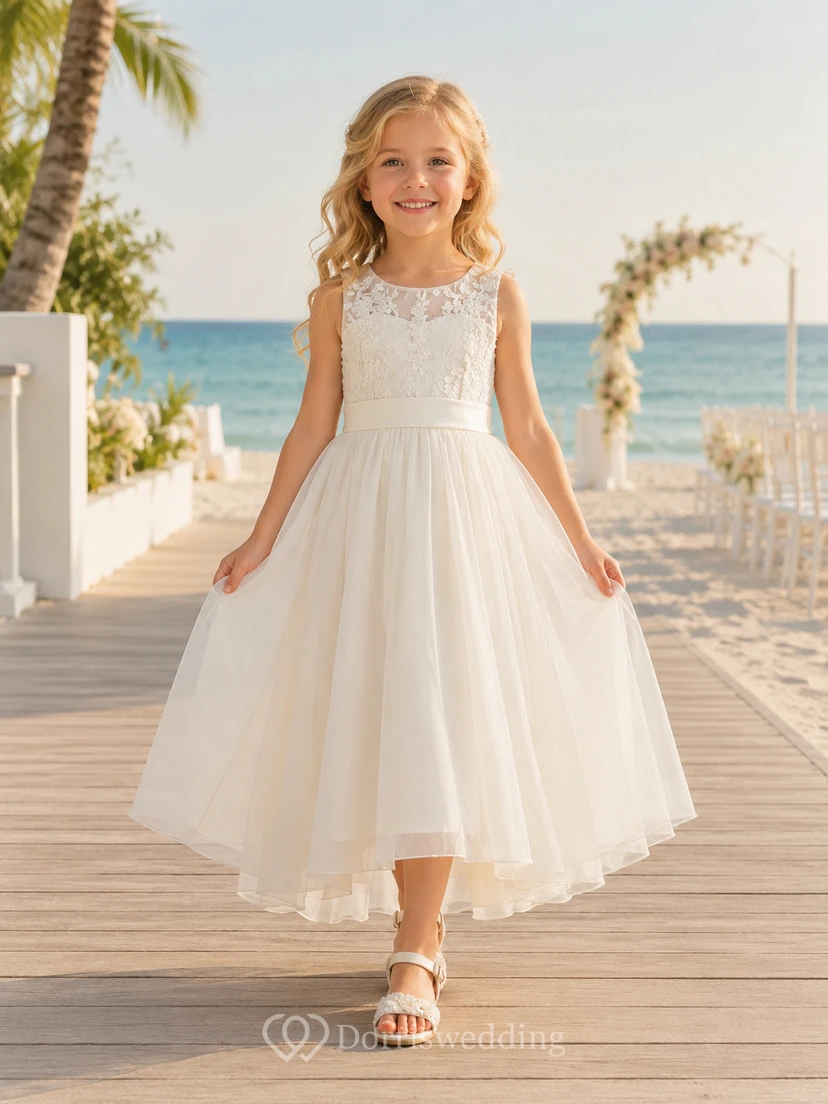Flower Girl Dress Ivory Lace Tulle A-Line Short Sleeve Scoop Neck Tea Length Bow Back