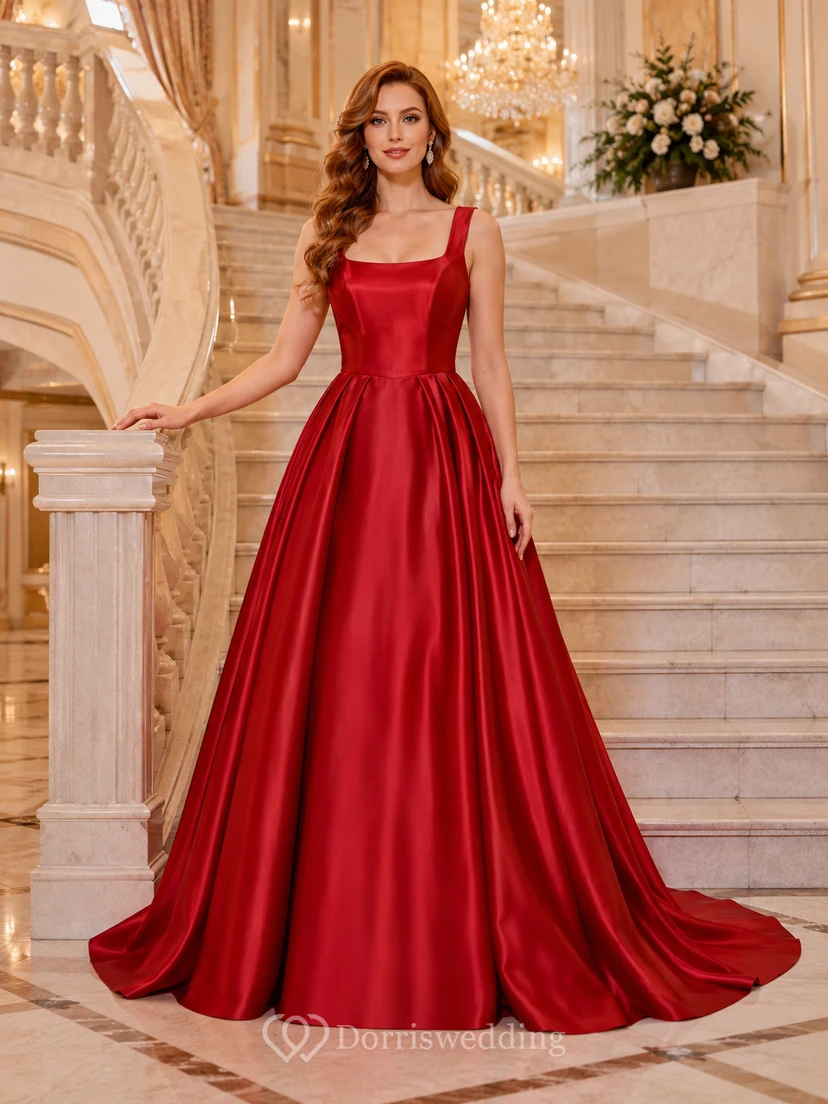 Red Square Neck Straps Satin Ball Gown Wedding Dress