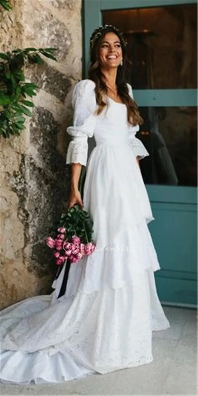 Boho-Hochzeitskleid mit Puffärmeln und gestufter Lochstickerei view 2