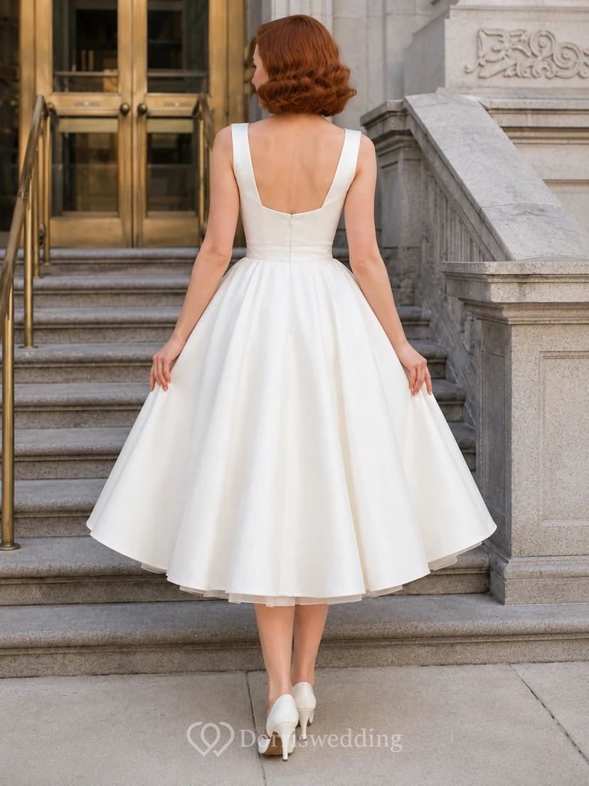 Square Neck Satin Tea Length Retro City Hall Bridal Dress view 2