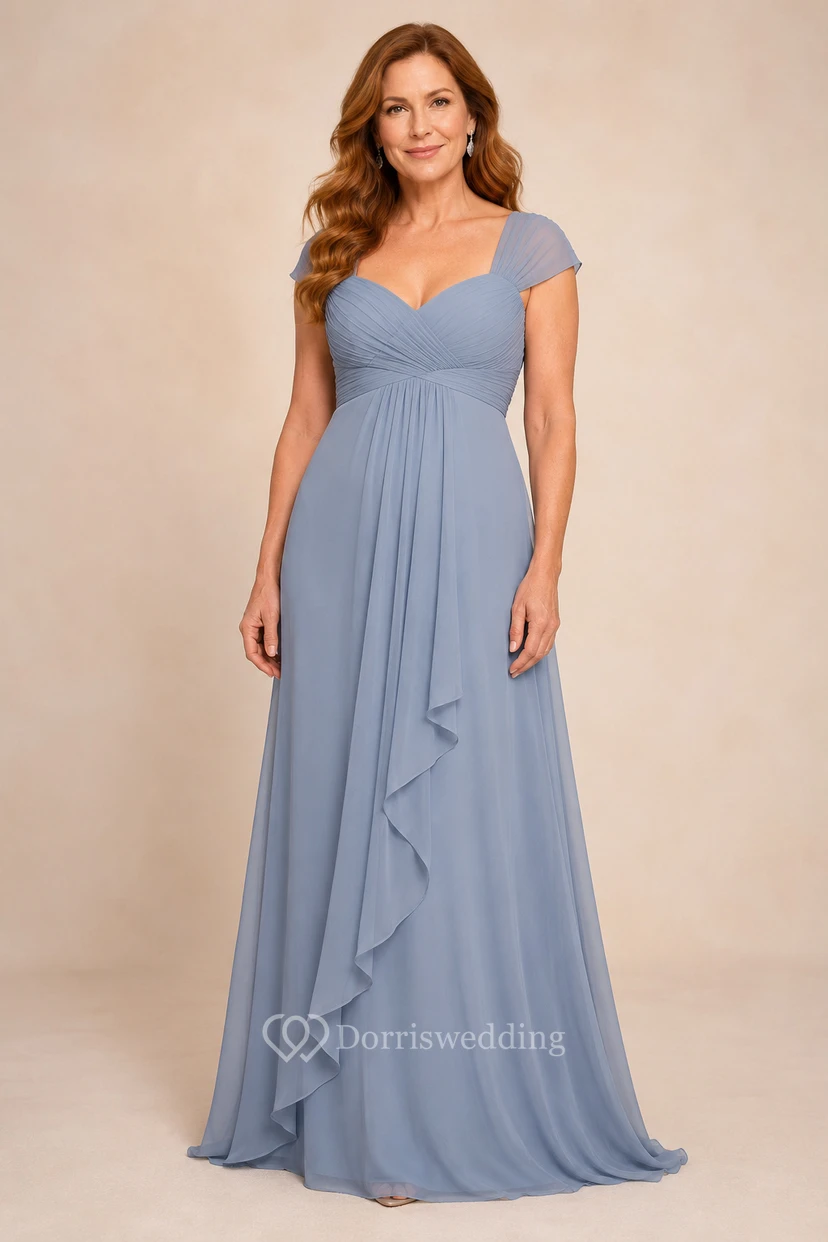 MOB-Kleid, stahlblau, Chiffon, A-Linie, kurze Ärmel, herzförmiger Herzausschnitt, bodenlang, Rüschenbesatz