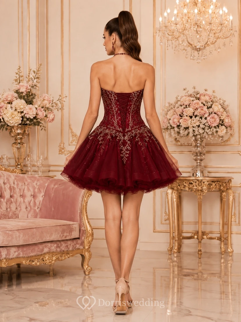 Burgundy Lace Tulle Square Neck Short Sleeve Ball Gown Party Dress view 2
