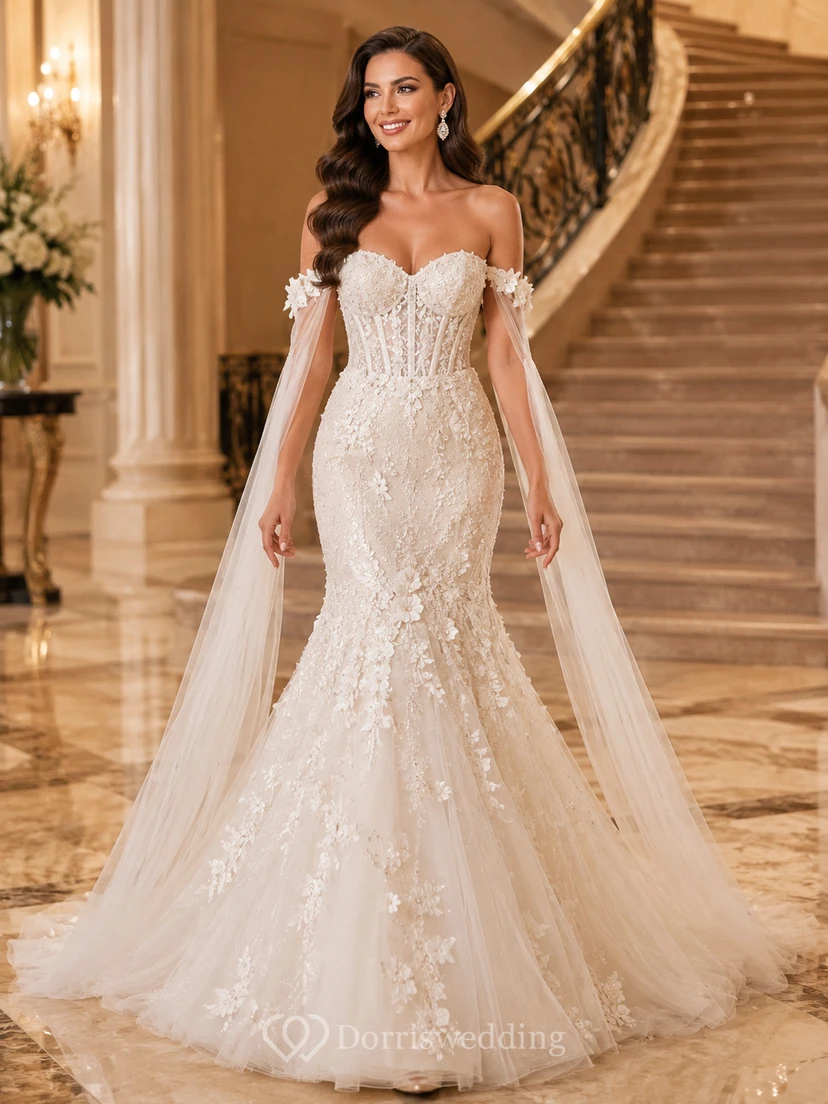 Robe de mariée sirène luxueuse en dentelle florale à épaules dénudées et manches courtes, ornée de fleurs, avec traîne chapelle. Robe de mariée botanique de luxe.