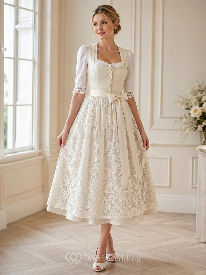 Bridal Dirndl Square Neck Three Quarter Sleeve Lace Apron Tea Wedding Dress
