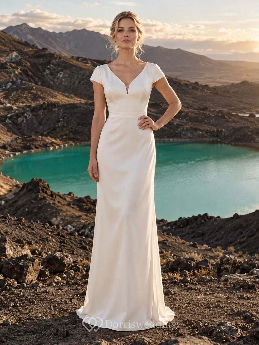 Schlichtes Brautkleid mit V-Ausschnitt, kurzen Ärmeln, drapiertem Etuikleid und tiefem Rückenausschnitt