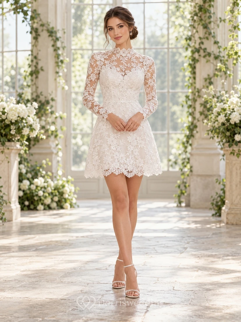 Short High Neck Long Sleeve Floral Lace Scalloped Wedding Dress