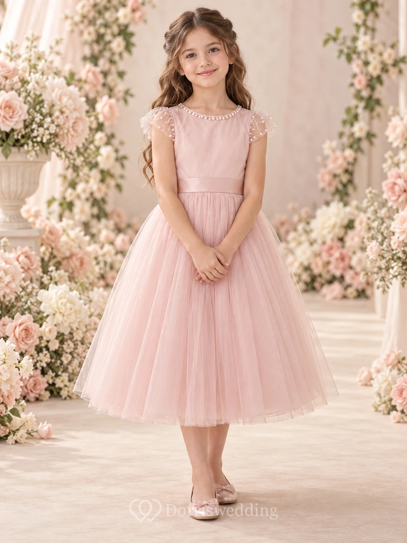 Rosafarbenes, perlenbesetztes Tüllkleid mit kurzen Ärmeln, Schleife und Teelänge – Blumenmädchenkleid