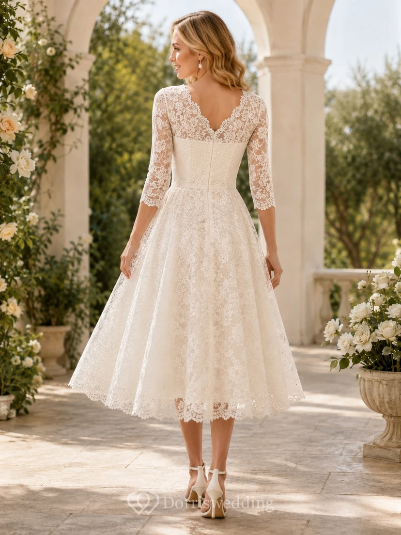 Vestido de novia de manga larga, largo midi, de encaje y corte en A para renovación de votos view 2