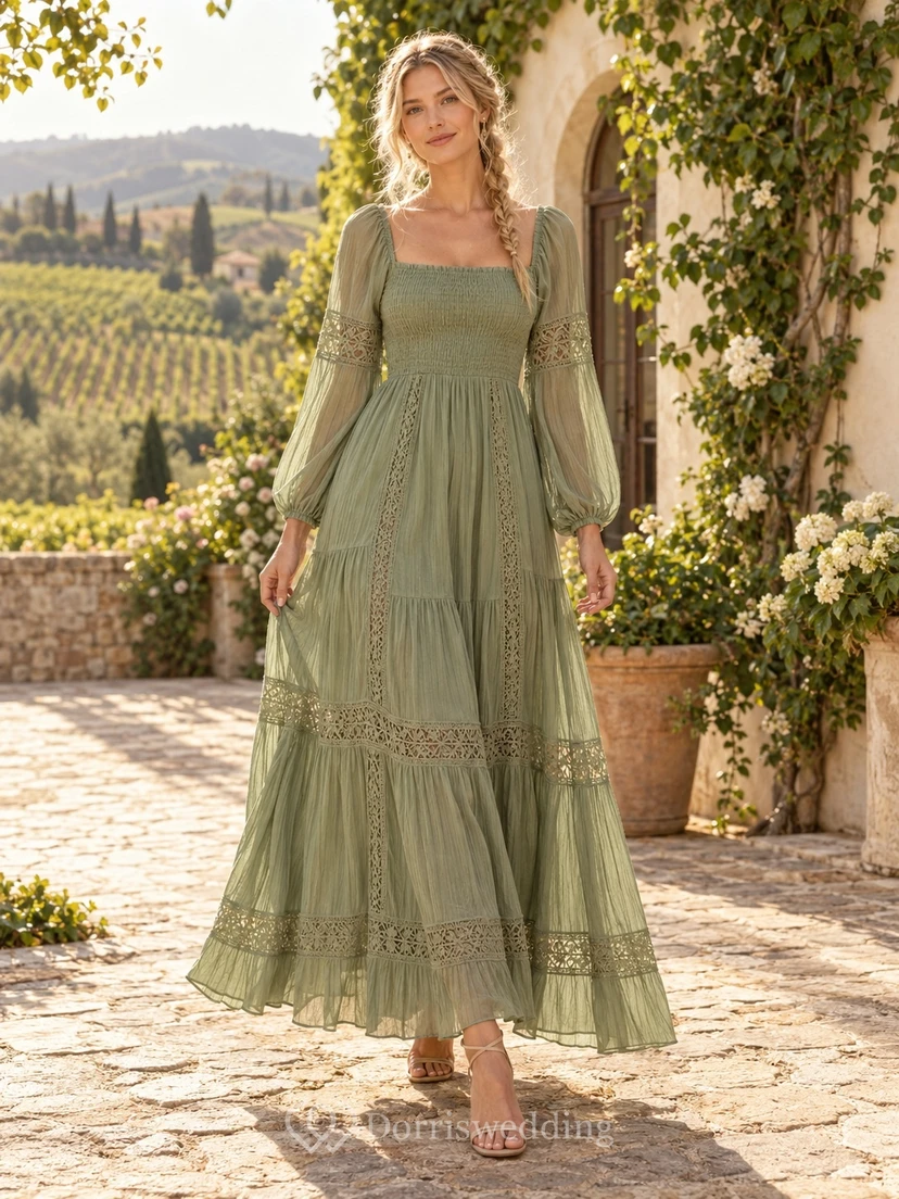 Vestido largo de estilo bohemio para invitada de boda, manga larga, cuello cuadrado, color verde salvia y ribete de encaje.