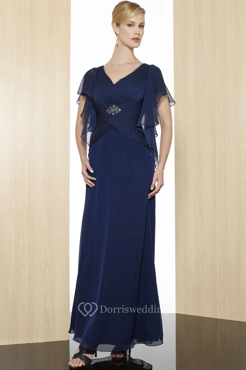 Sheath Ankle-Length Broach V-Neck Poet-Short-Sleeve Chiffon Formal Dress With Low-V Back And Ruching