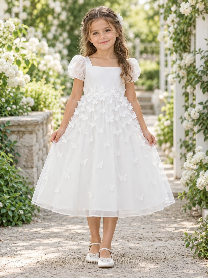 Weißes Organza-Blumenmädchenkleid mit eckigem Ausschnitt, wadenlang, Schmetterlings-Puffärmeln