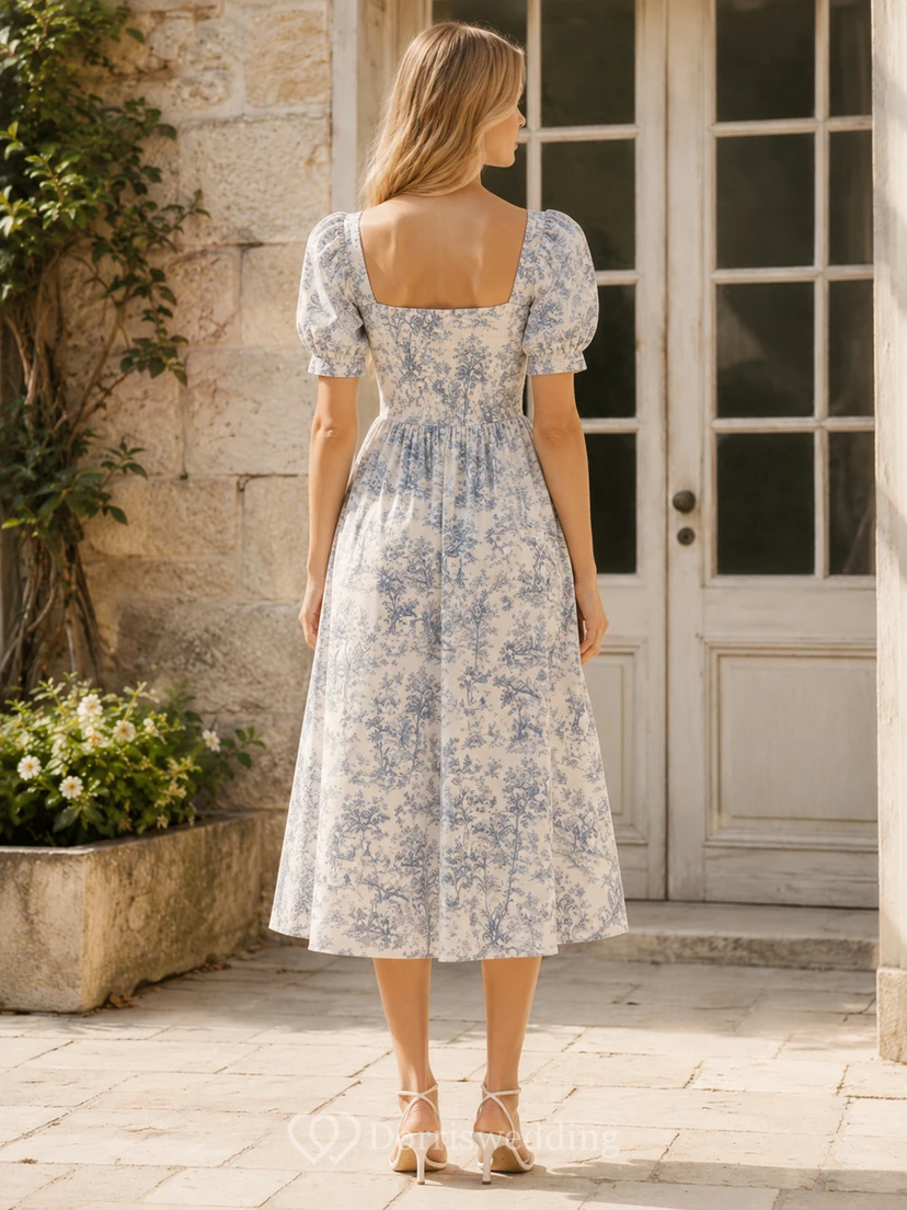 Vestido midi azul con mangas abullonadas y escote cuadrado view 2
