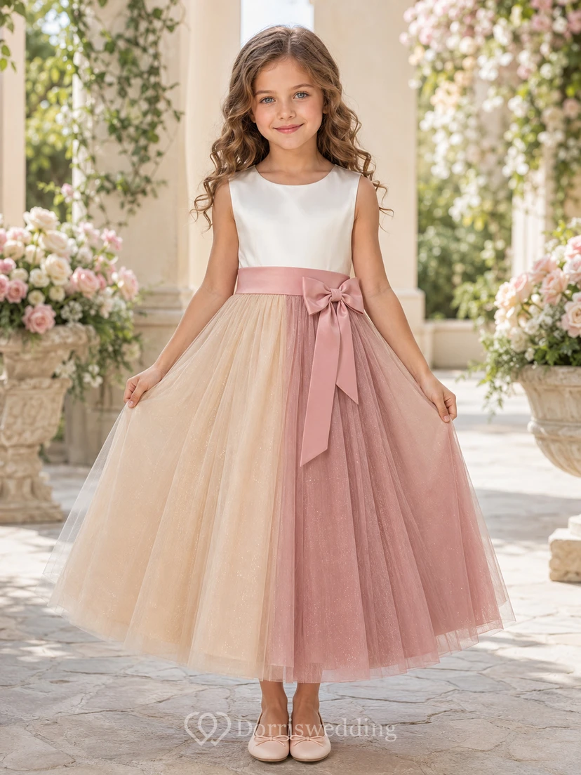 Blushing Pink Color Block A-Line Tulle Flower Girl Dress, Sleeveless Jewel Neck, Ribbon Bow, Tea-Length Garden