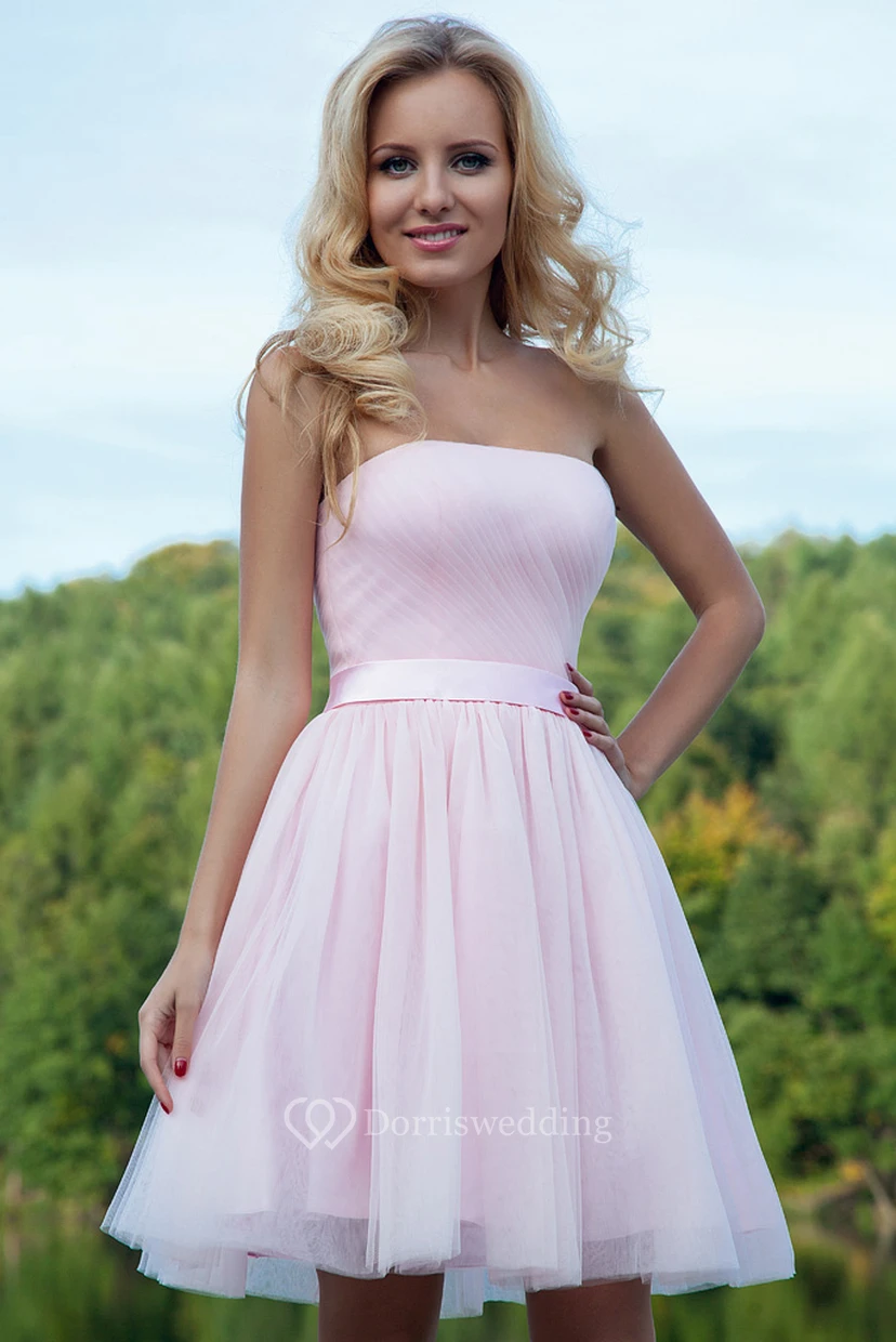 Short Strapless Ruched Tulle Prom Dress With Ribbon view 2