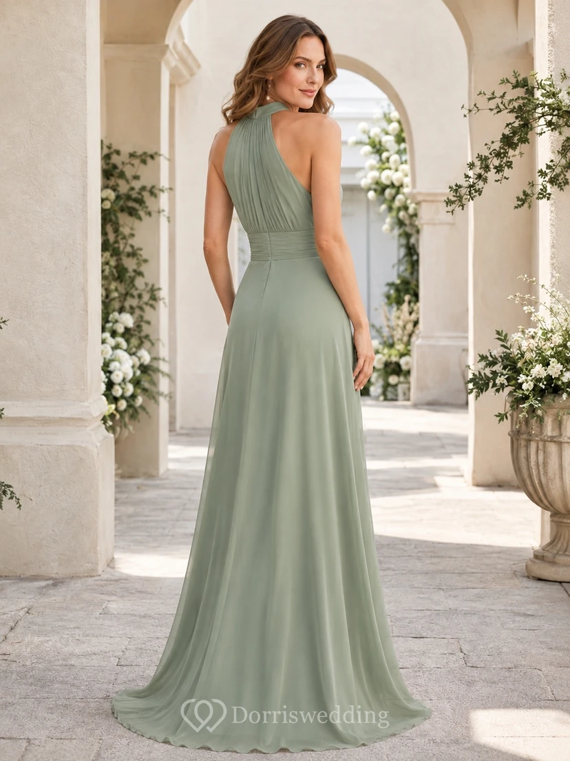 Sage Halter-Neck Sleeveless Ruched Chiffon A-Line Floor-Length Gown view 2