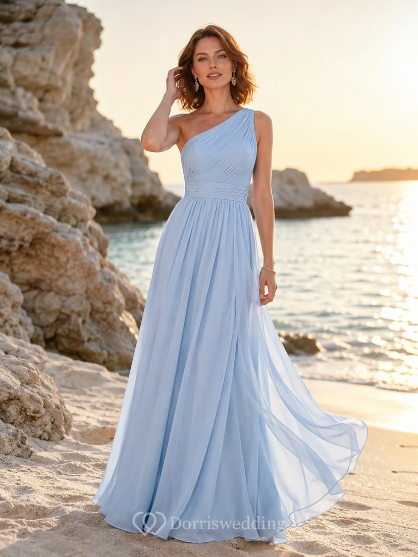 Light blue one shoulder chiffon beach guest maxi dress