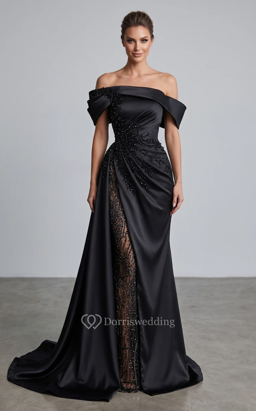 Sexy, langärmeliges, elegantes A-Linien-Abendkleid aus Satin mit Schleppe und Perlenstickerei