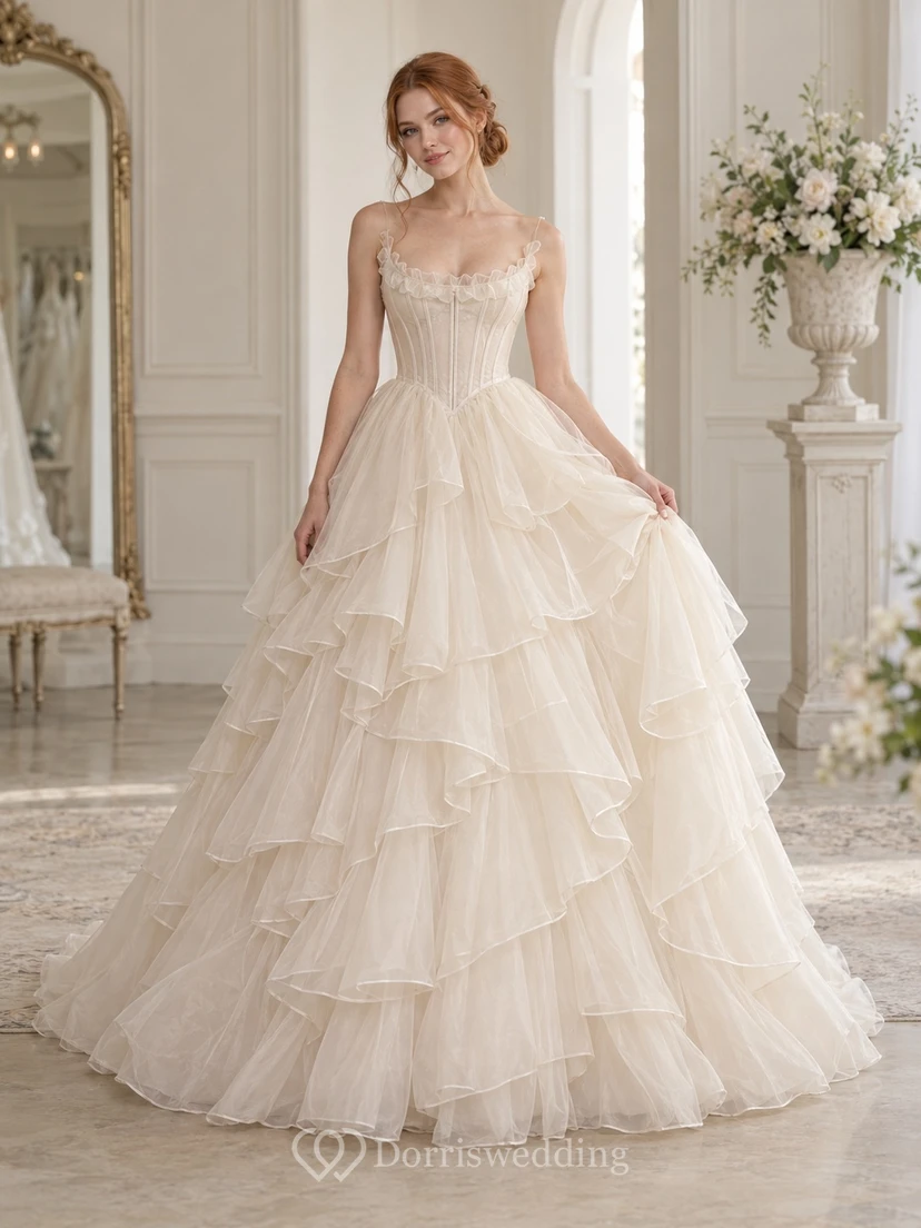 Robe de mariée de bal en organza à fines bretelles et à volants