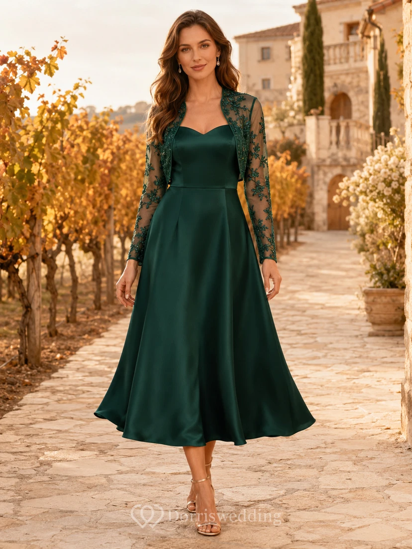 Formal Elegant Dark Green Lace Bolero Satin Midi Guest Dress