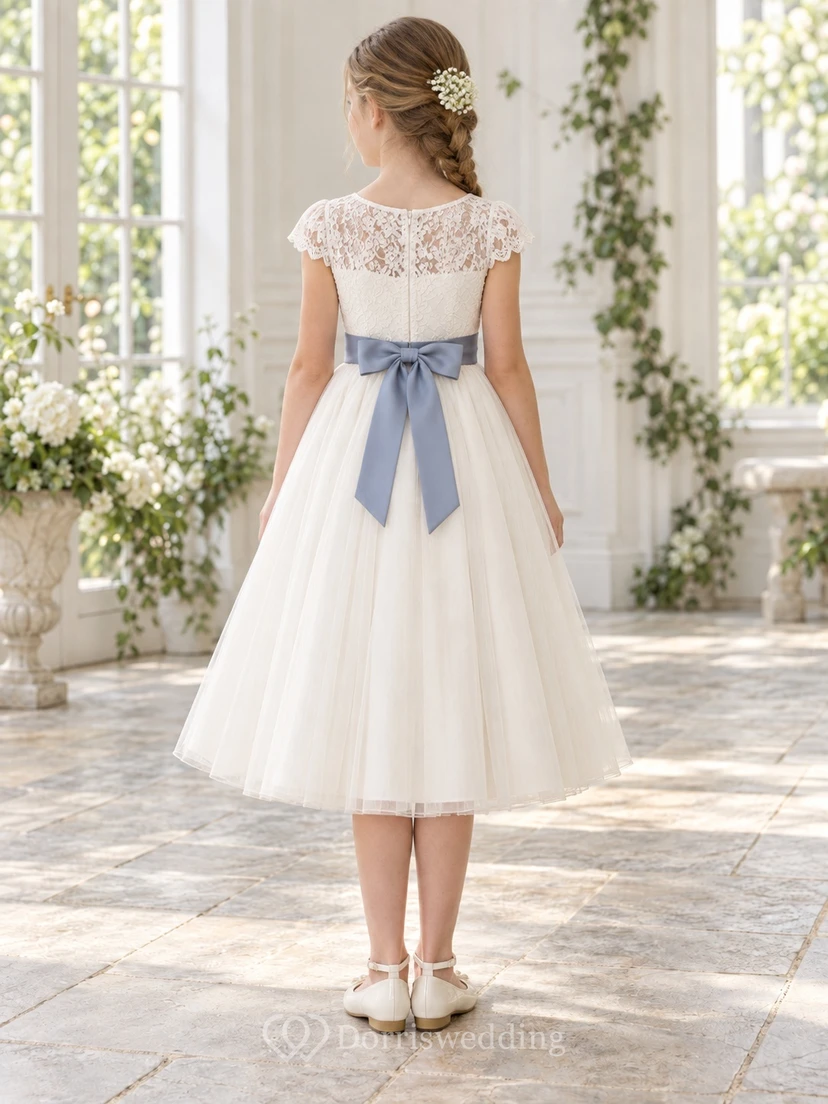 Tea-length Ivory A-line Lace Tulle Cap-sleeve Blue-sash Illusion Flower Girl Dress view 2