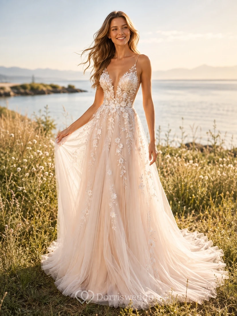 Vestido de novia sencillo, formal, sin mangas, con escote en V y corte en A.