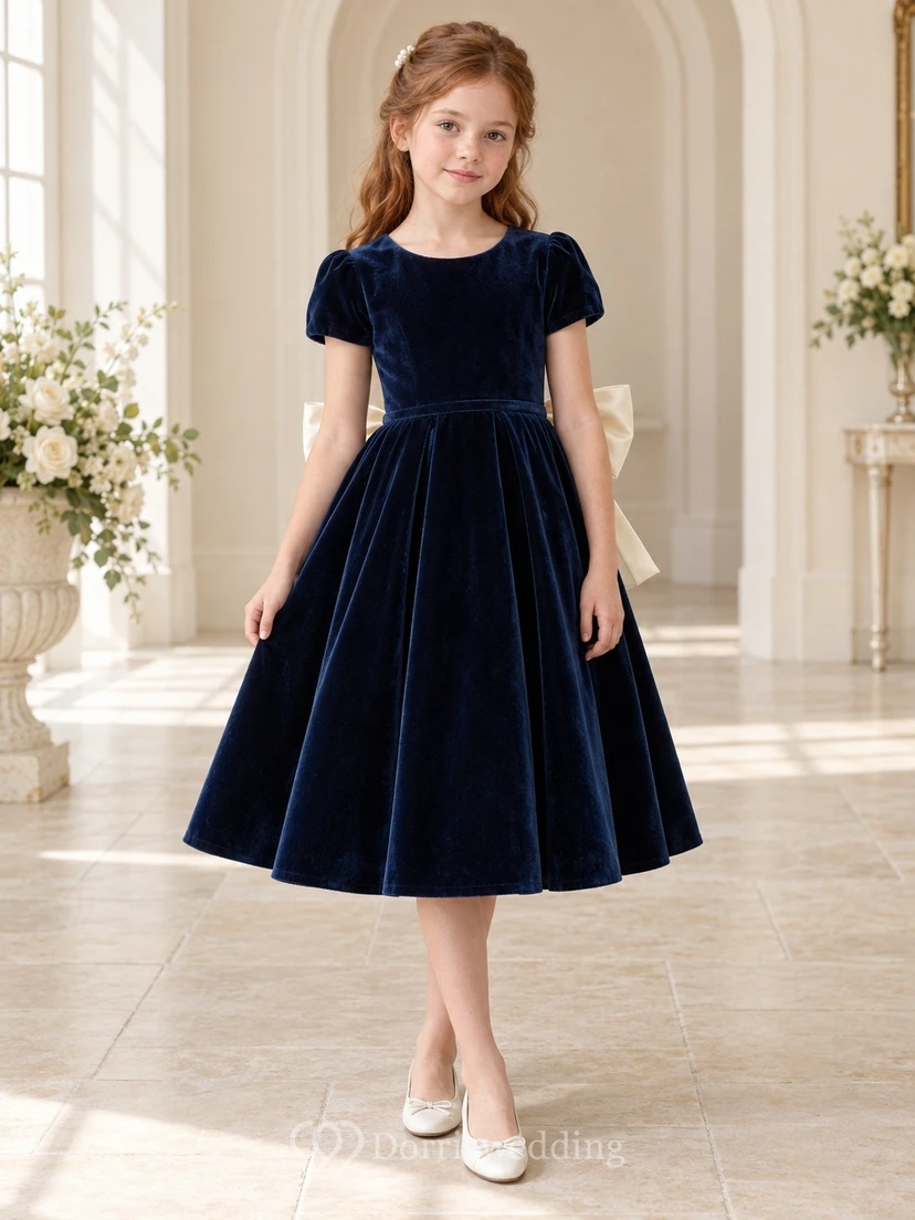 Simple Tea-length Dark Navy Ivory Velvet Satin Bow Puff Sleeve Round Neck Flared Flowergirl Dress