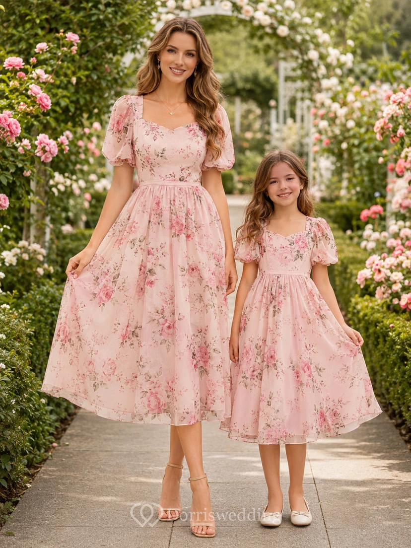 Pink Floral Puff Sleeve Mother Daughter Garden Midi Dress