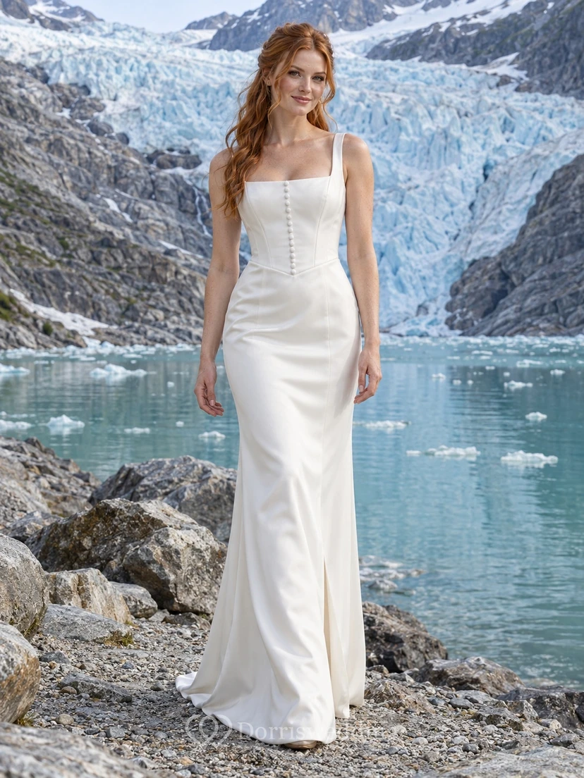 Vestido de novia sencillo de satén con escote cuadrado, tirantes anchos y cierre de botones en la parte delantera.