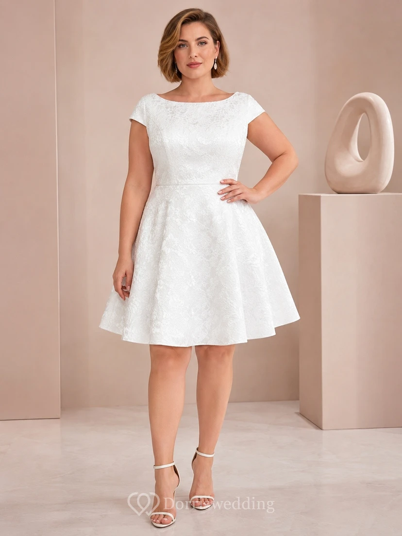 Robe de cocktail blanche à col rond et manches courtes texturée, coupe trapèze, grande taille