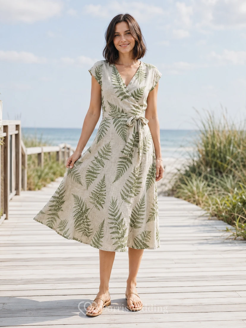Fern Print V-Neck Cap Sleeve Beach Midi Dress