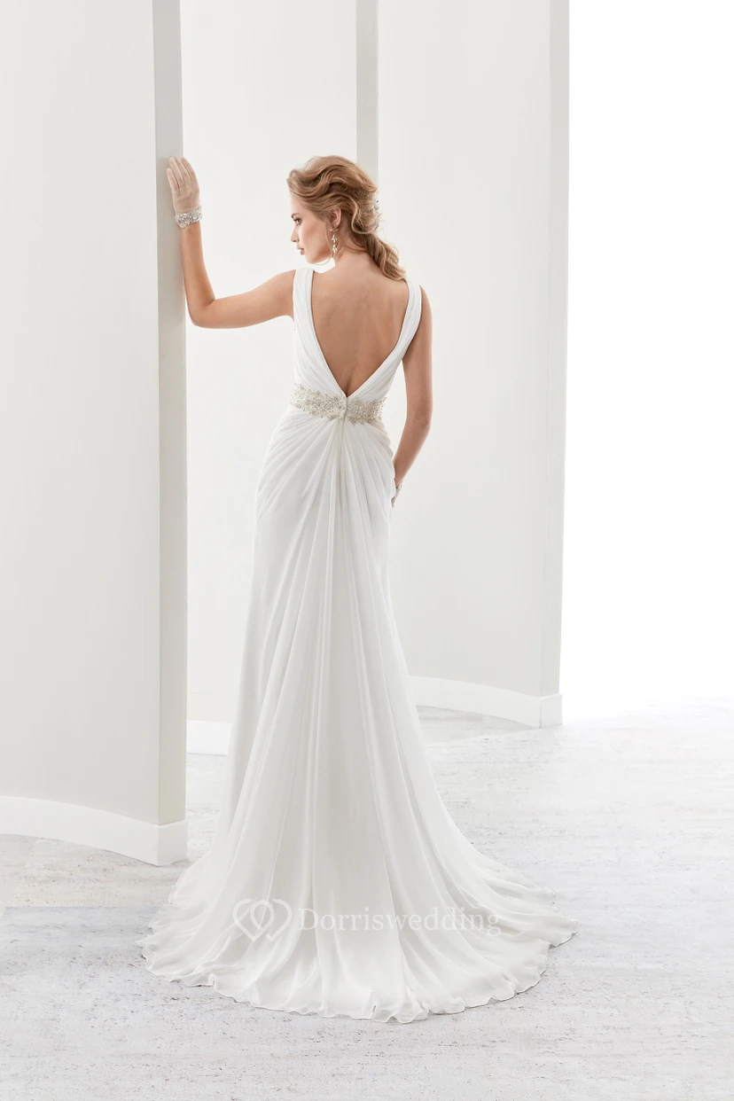 Deep-V Chiffon Draping Bridal Gown With Pleated Details And Open Back view 2
