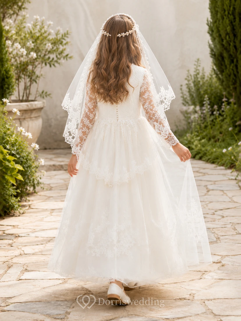 Robe de communion en tulle à col rond et manches longues en dentelle, longueur cheville, col rond et manches longues en dentelle view 2