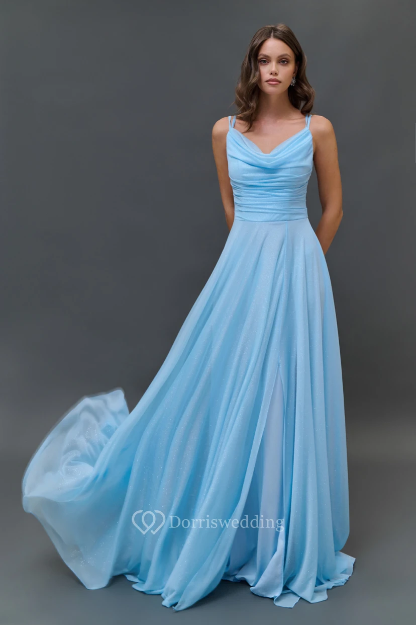 Chiffon Blue Spaghetti Cowl-neck Floor-length Dress video preview