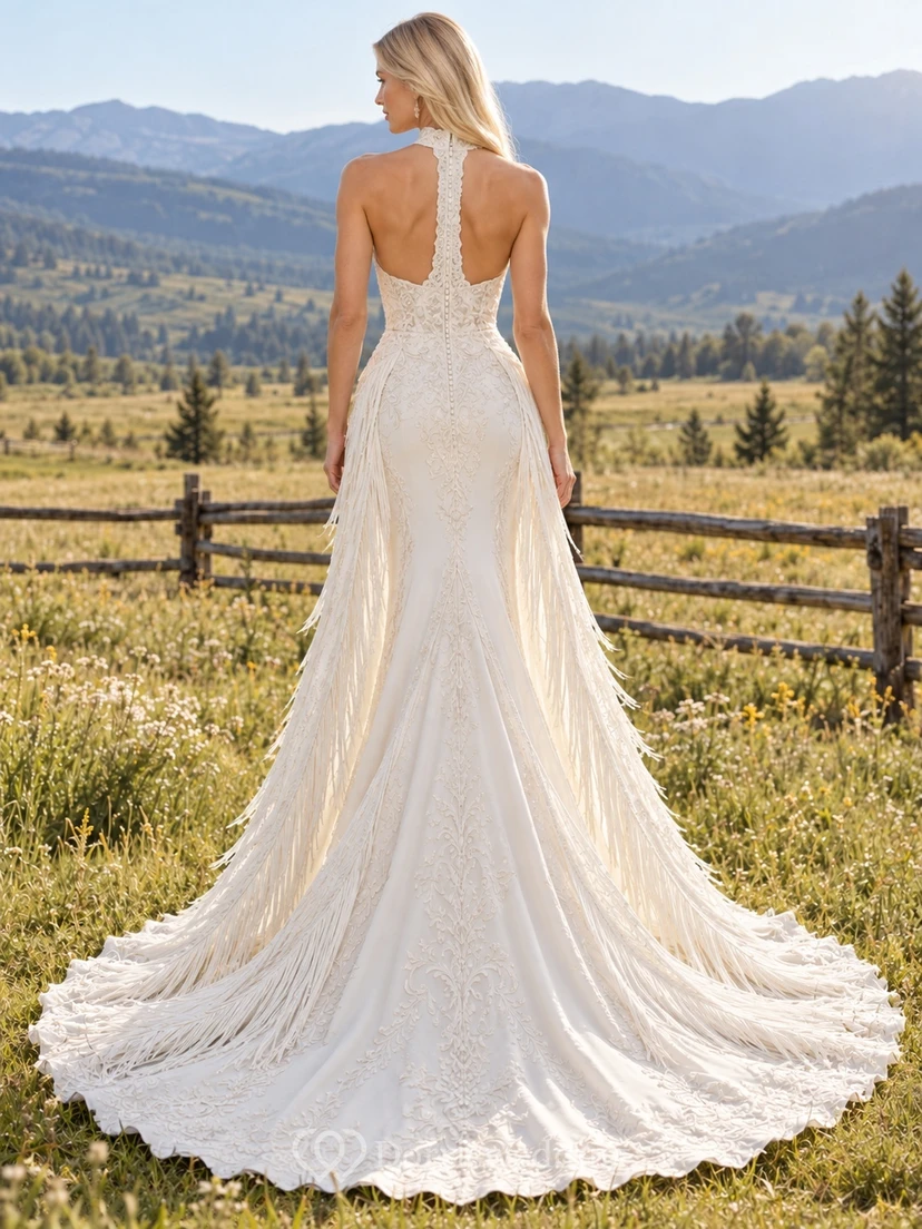 Western Country Halter Mermaid Floral Lace Fringe Train Wedding Dress view 2