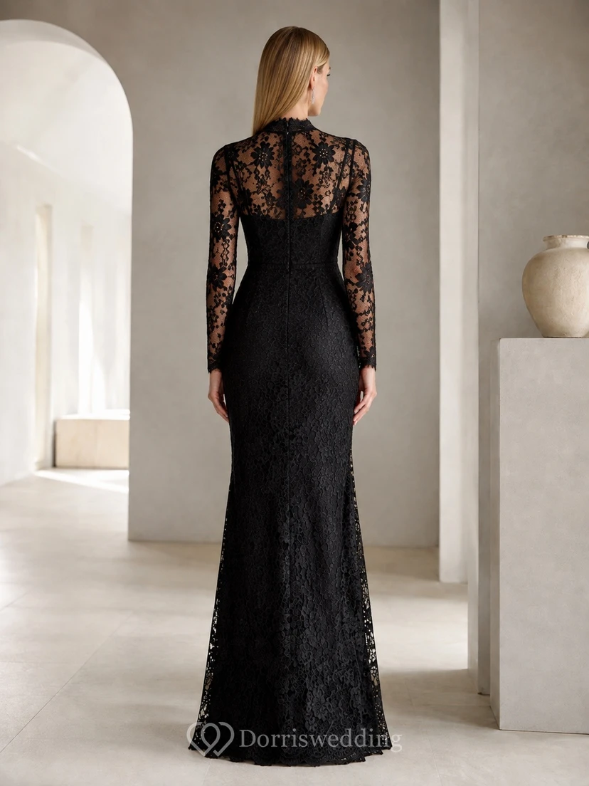 Black Lace High-Neck Long-Sleeve Sheath Floor-length Elegant Evening-Gown view 2