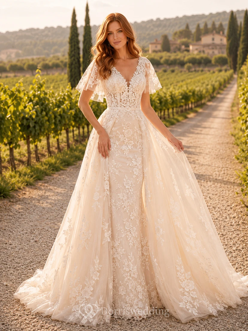 Brautkleid aus Spitze und Tüll, A-Linie, V-Ausschnitt, kurze Ärmel, Schleppe