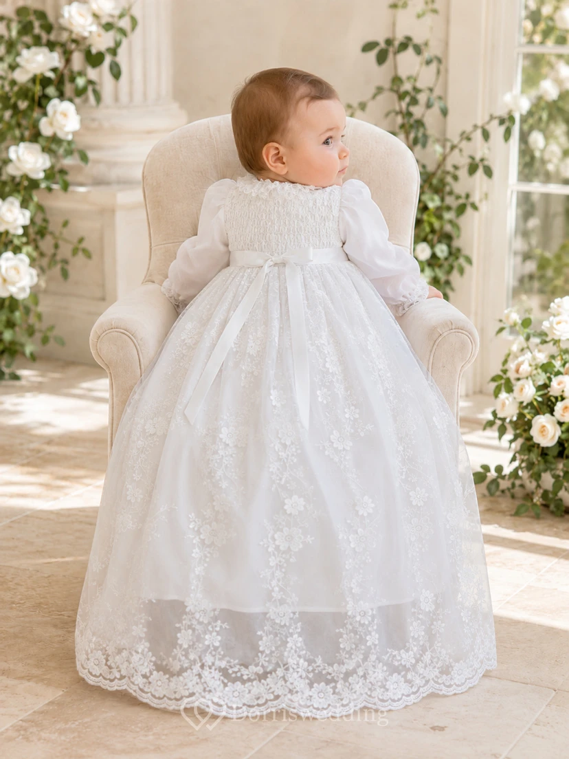 Bishop Sleeve Christening Gown A-Line Lace Tulle Jewel Neck Scalloped Hem view 2