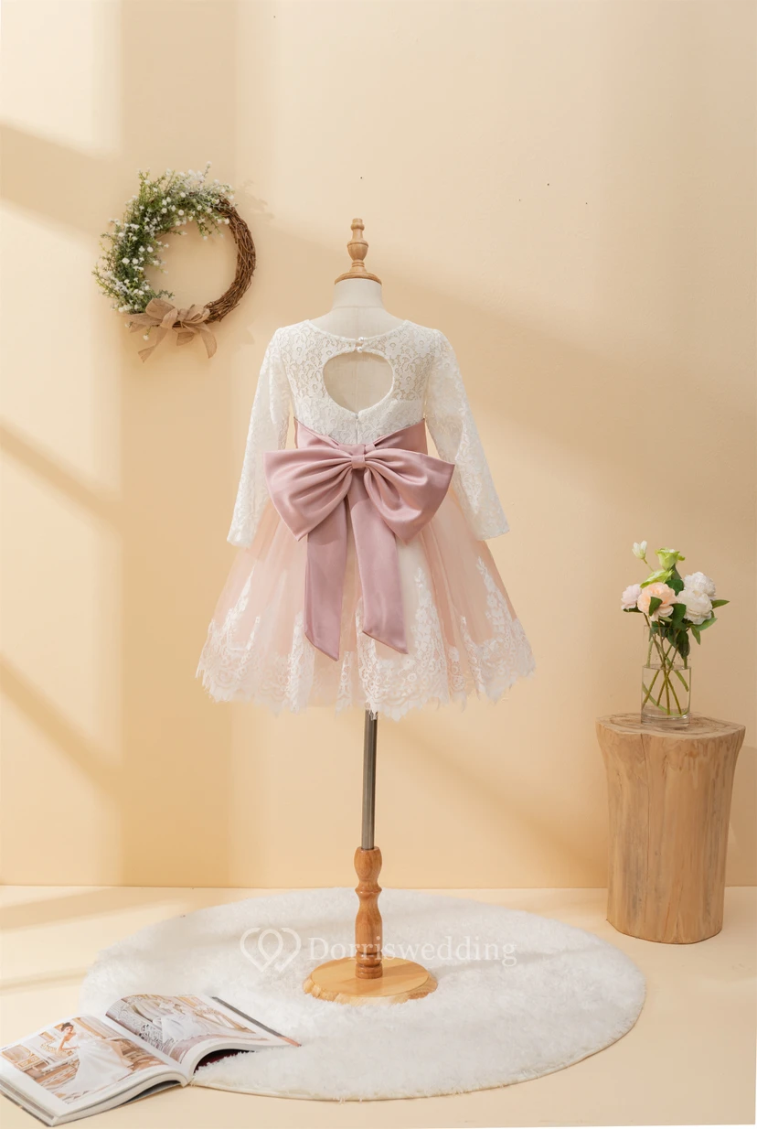 Lace Two-Tone Long Sleeve Short White and Coral Flowergirl Dress view 2